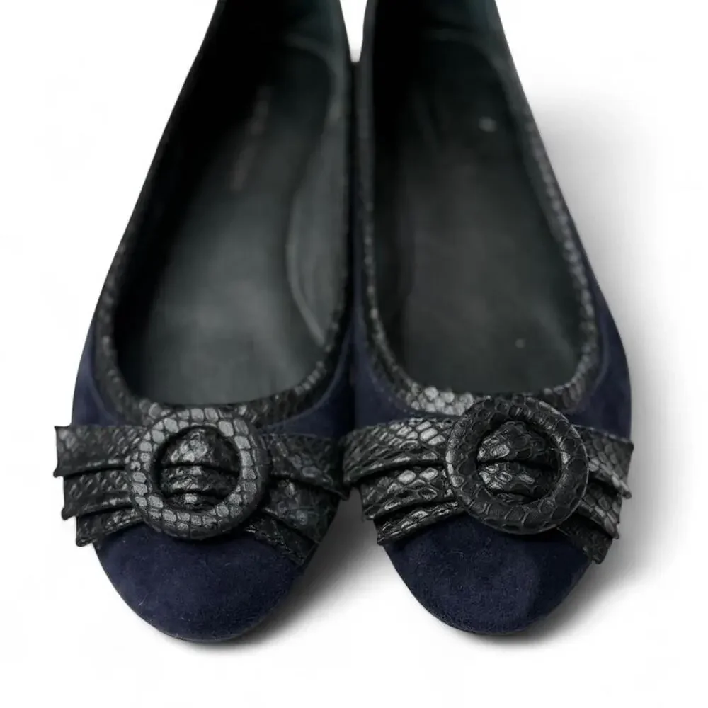 Donald Pliner Pila Ballet‎ Flats – Navy Suede snake print leather Bow – Size 8.5
